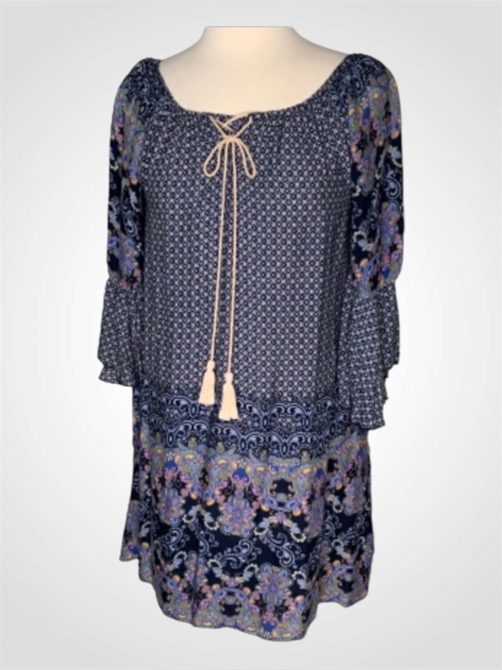Altar’d State Blue/White/Lavender Boho Bell Sleeve Mini Dress Tunic S